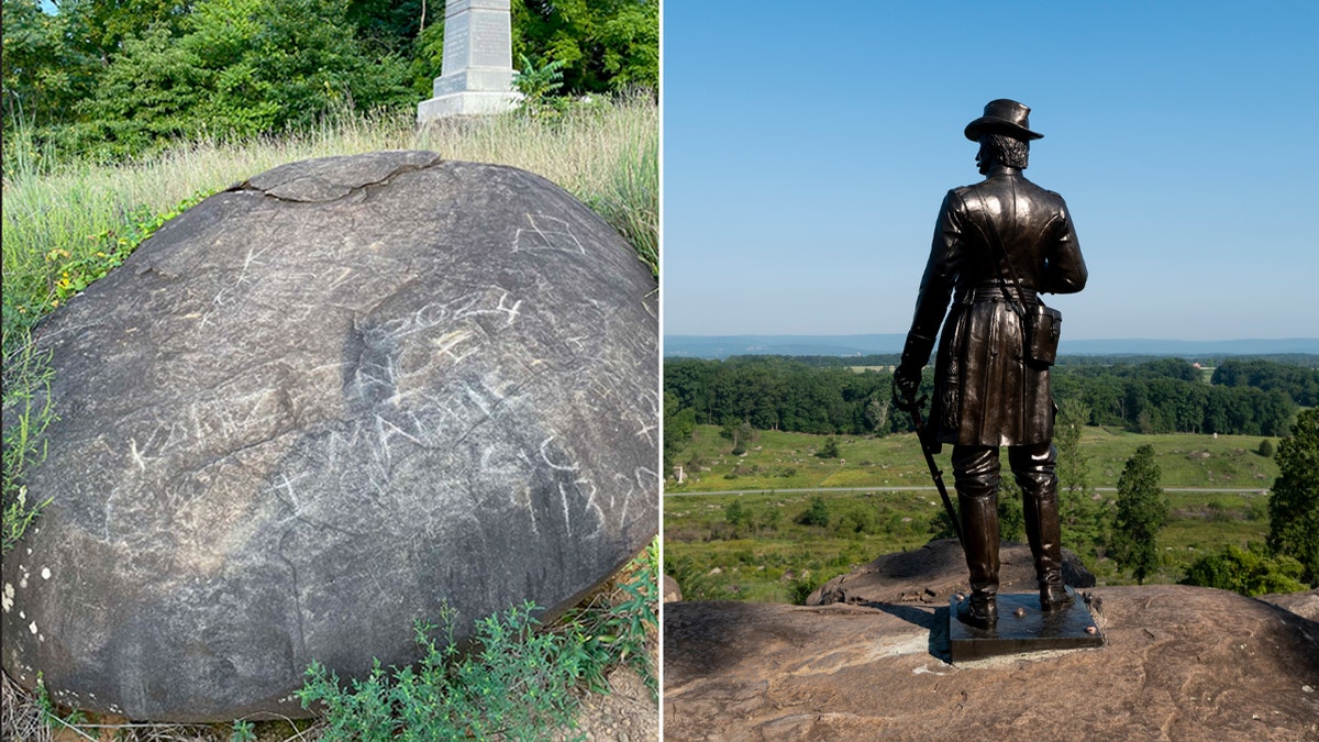 Vandalismo en una roca del campo de batalla de Little Round Top Gettysburg