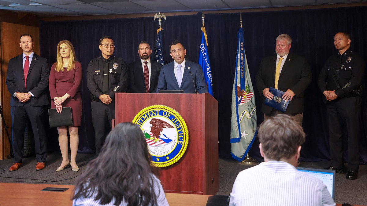 United States attorney for the Central District of California Martin Estrada speaks during a press conference