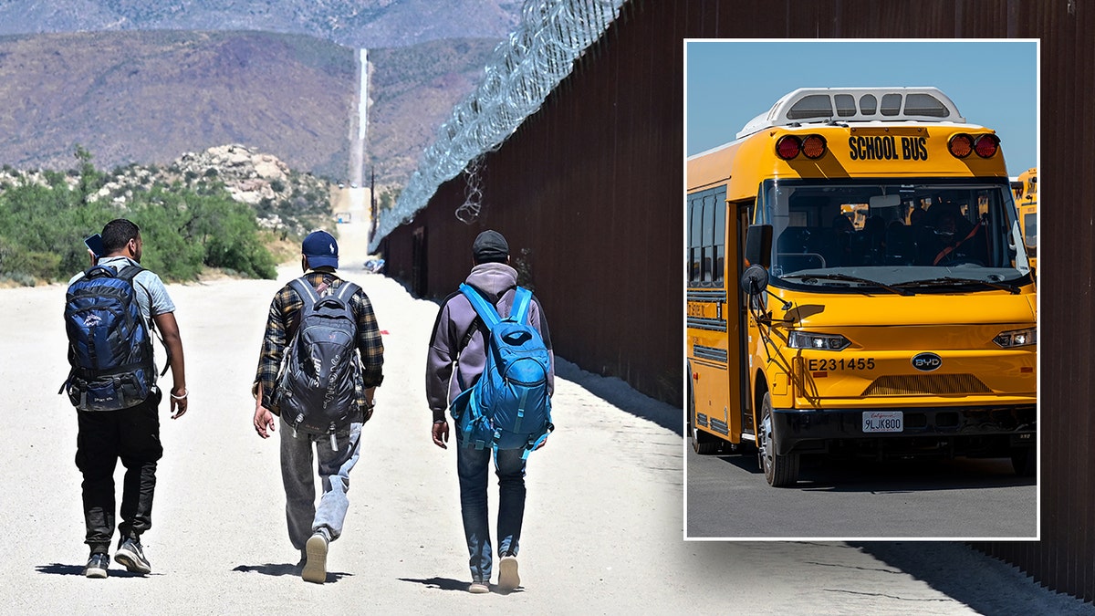 Migrantes en la frontera y un autobús escolar amarillo