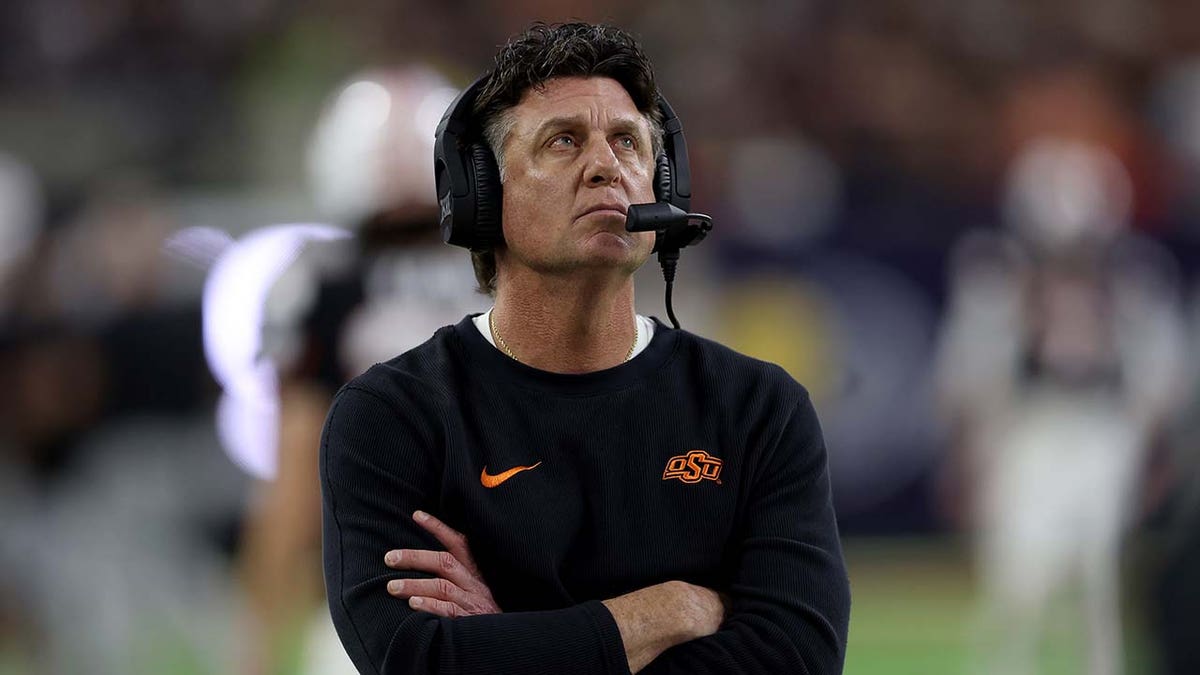 Oklahoma State Cowboys head coach Mike Gundy reacts on the sideline in the second half against the Texas A&M Aggies during the TaxAct Texas Bowl at NRG Stadium on Dec. 27, 2023, in Houston.