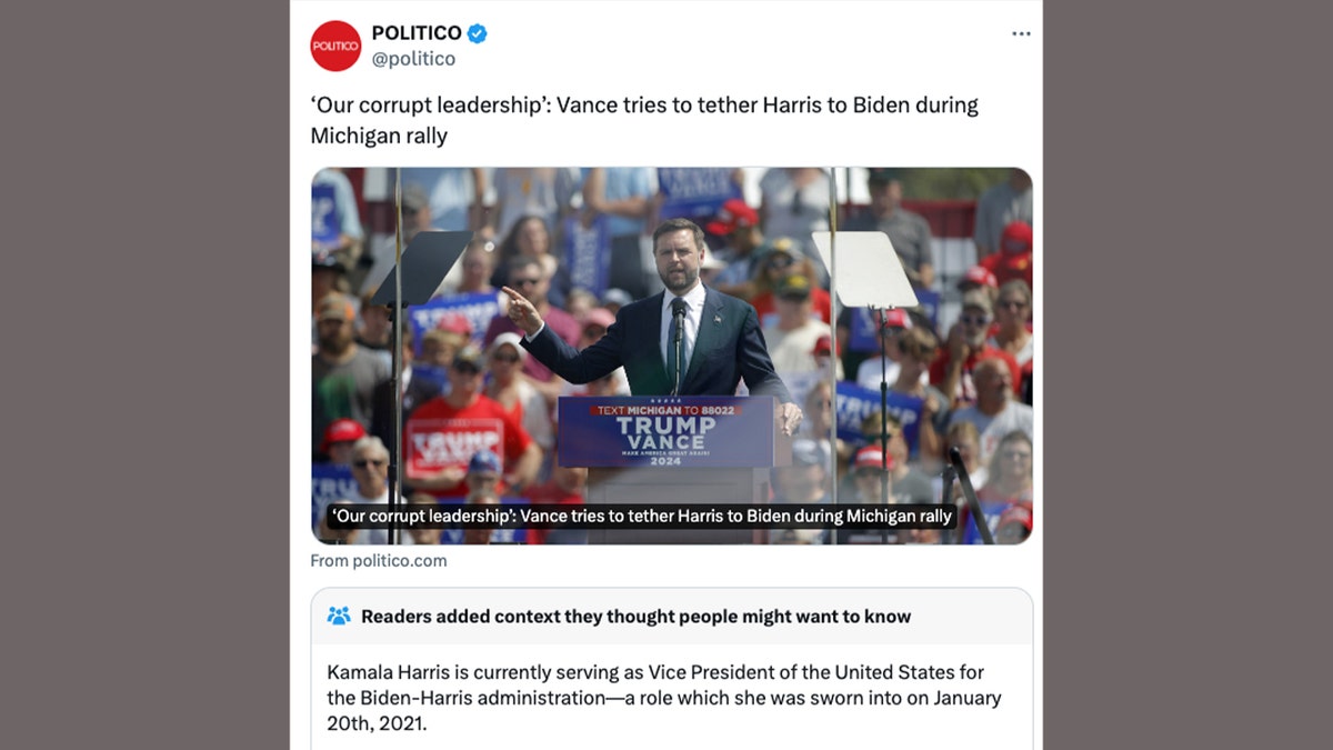 Screenshot of Politico X post with Community Note