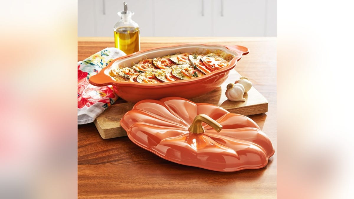 A pumpkin casserole dish blends decor and function.