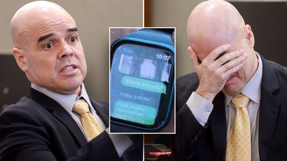 The defendant in the murder trial Robert Telles in court and in the insert a text message from his wife, displayed on an Apple Watch.