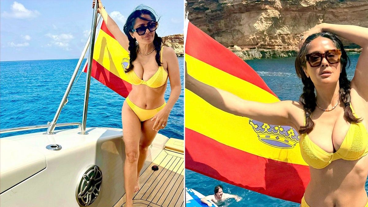 Salma Hayek mengenakan bikini kuning cerah di atas perahu