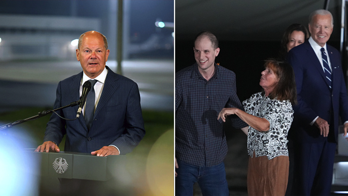 Olaf Scholz and Evan Gershkovich split image