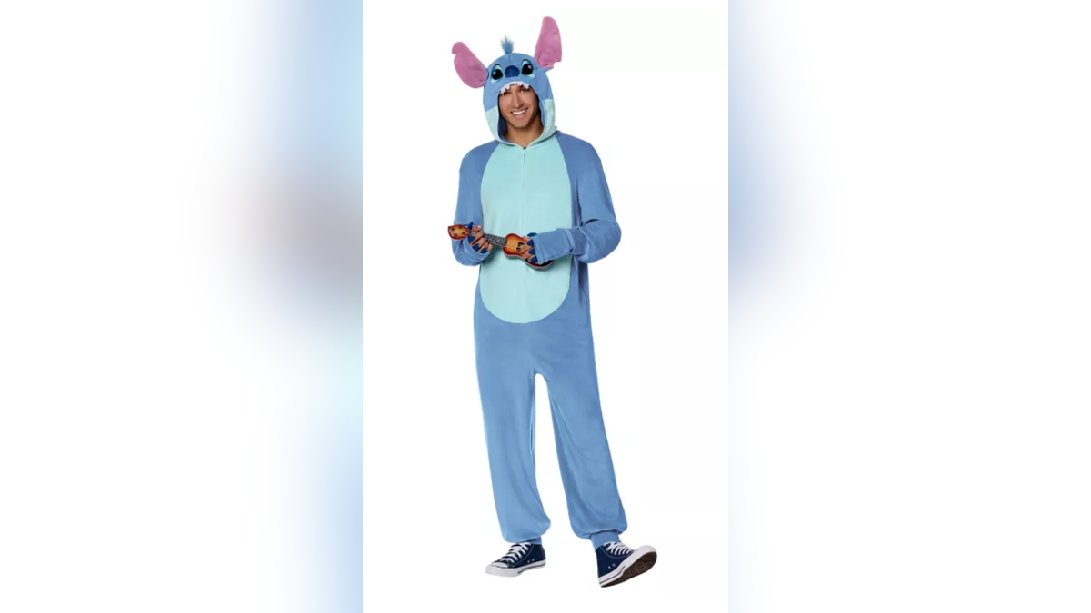 Stay comfortable and choose a cool costume when you go with this Stitch onesie.?