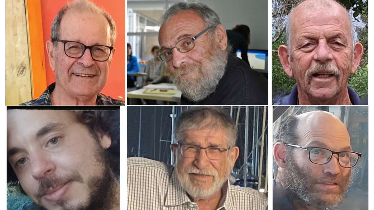 Israel announced it had recovered the bodies of six hostages from Gaza, clockwise from top left, Avraham Munder, Alex Dancyg, Chaim Peri, Nadav Popplewell, Yoram Metzger and Yagev Buchshstab.