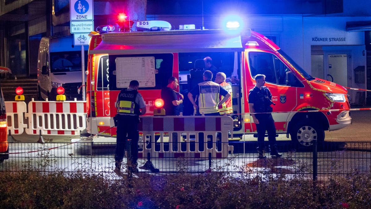 Emergency services and police at a stabbing scene in Germany on Friday