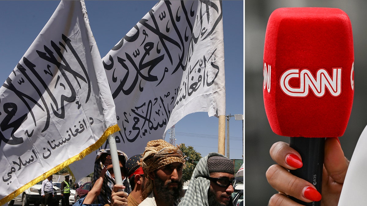 Taliban flag next to a CNN logo