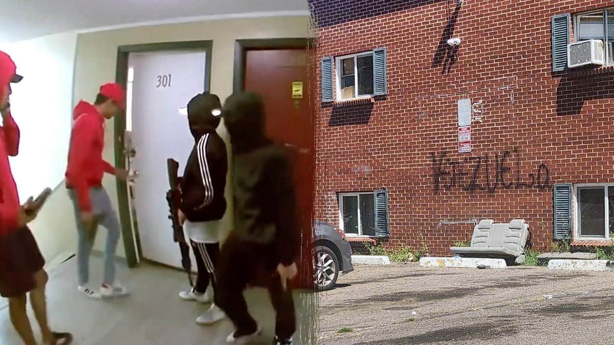 Members of the Tren de Aragua gang storm the door of the apartment, left, occupied apartment building with "Venezuela" graffiti, right