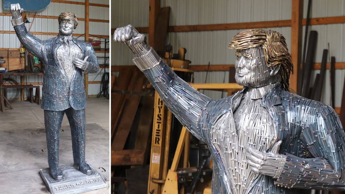 Two images of a statue of former President Trump made of nails