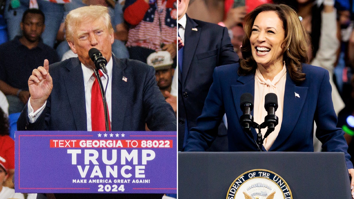 Split photo of Trump and Harris