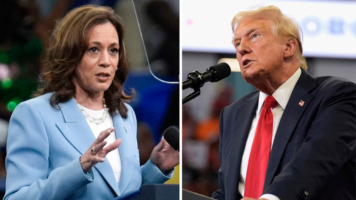 This combination of photos taken at campaign rallies in Atlanta shows Vice President Kamala Harris on July 30 and former President Trump on Aug. 3.