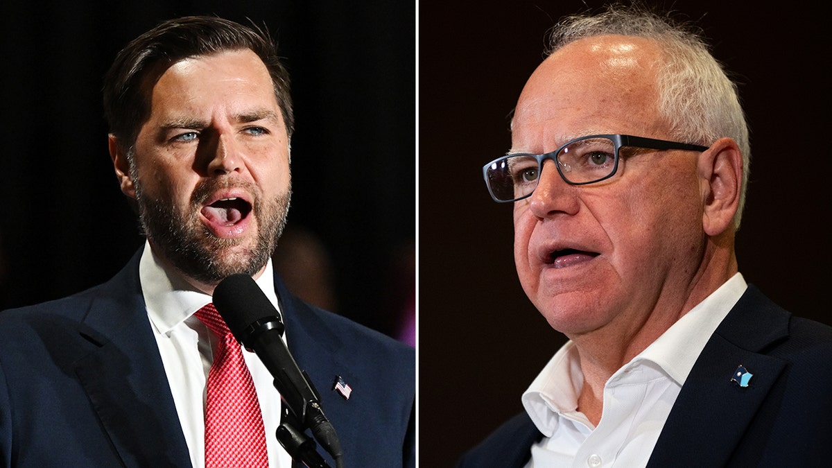 left-right split: JD Vance and Tim Walz