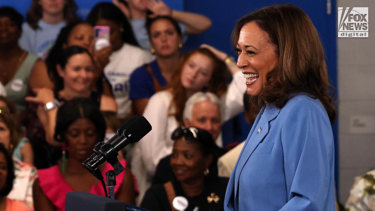 Vice President Kamala Harris in a blue suit stands at the podium