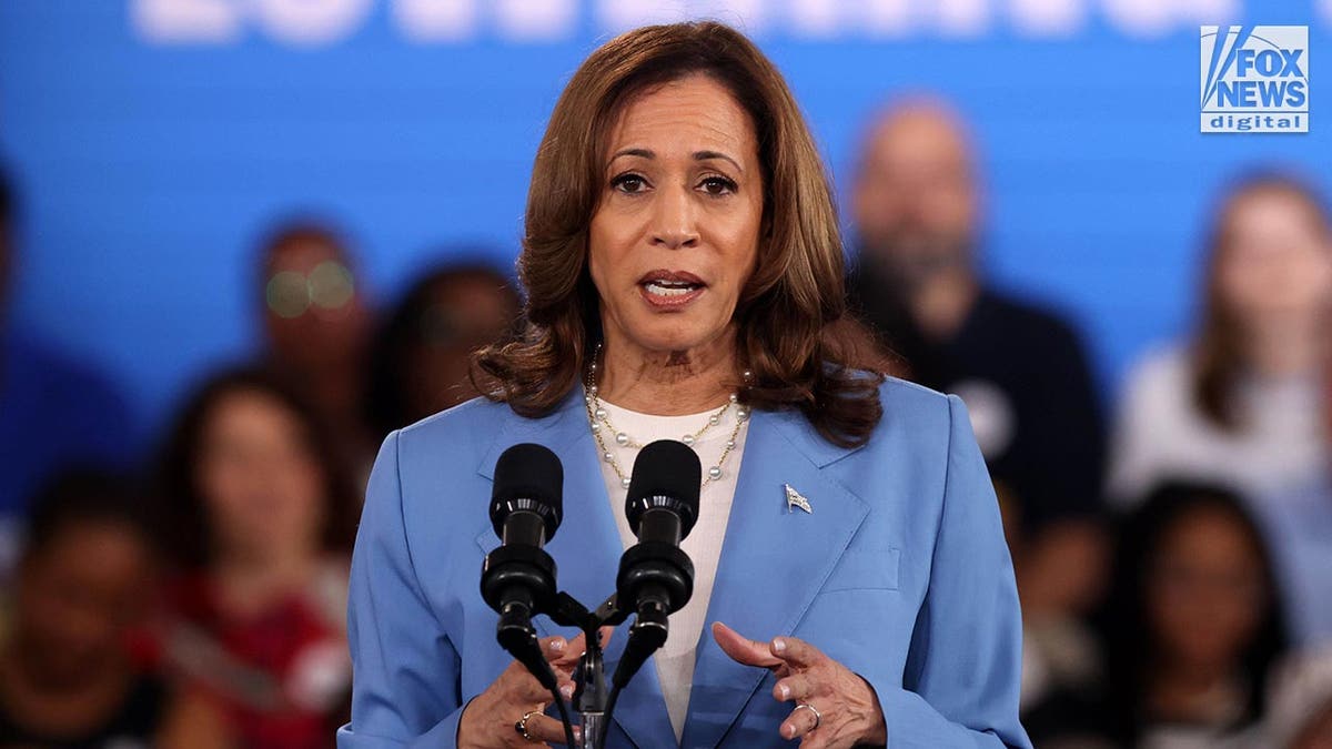 Vice President Kamala Harris in blue suit stands at podium