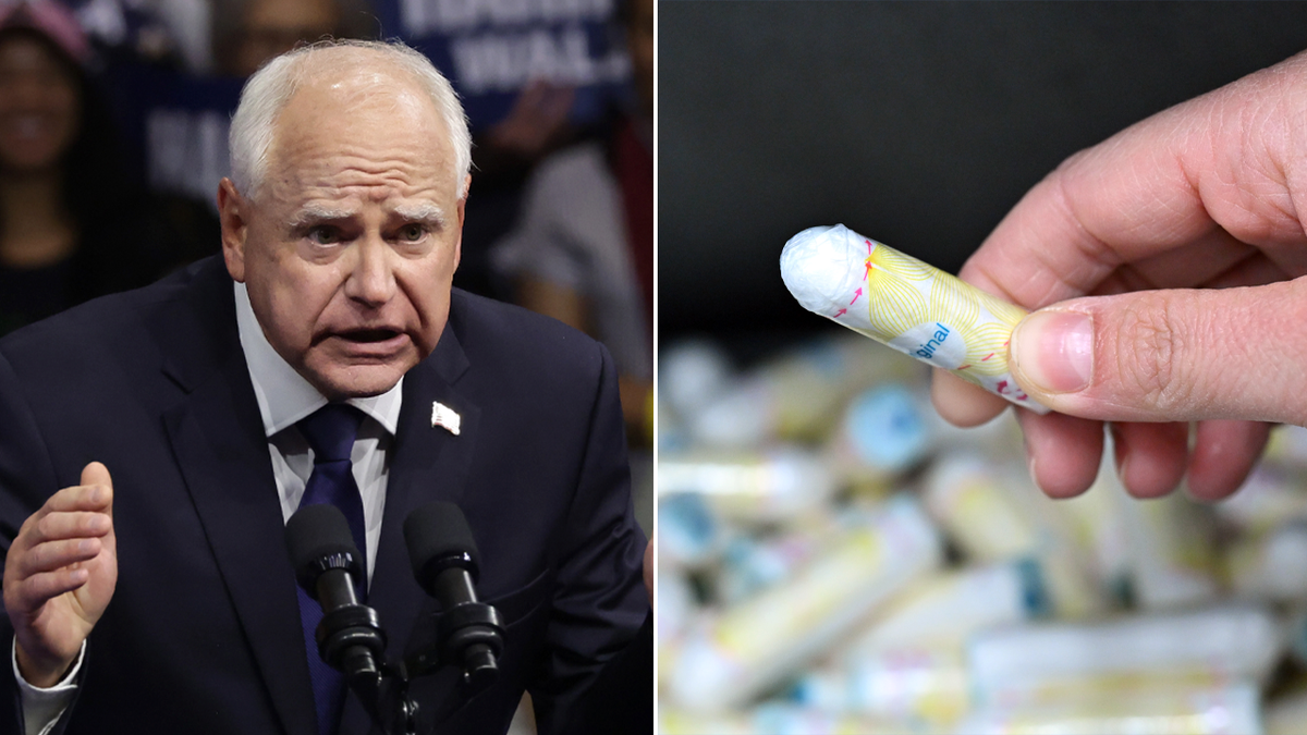 Photos arranged of Gov Tim Walz and a tampon dispensiary