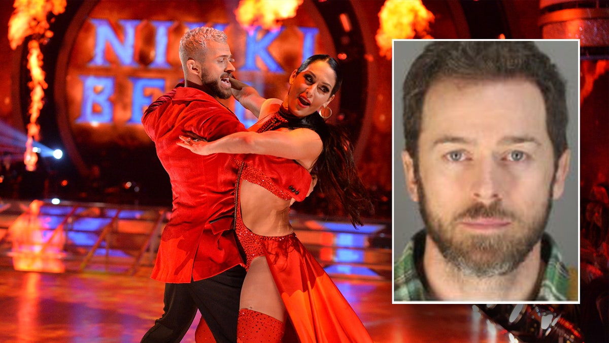 Artem Chigvintsev mugshot as the inset, Artem and Nikki Bella dancing on DWTS