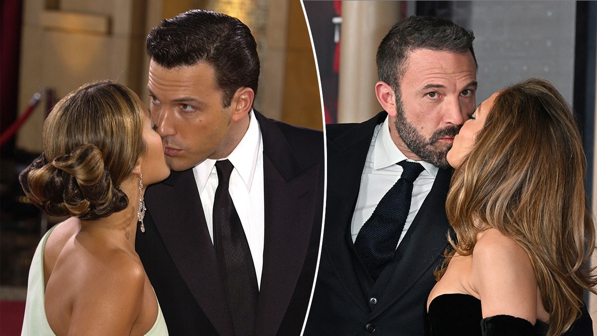 Jennifer Lopez in a white one-shoulder dress kisses Ben Affleck in a black suit who looks away while kissing her Ben Affleck in a black suit looks away while kissing her Jennifer Lopez