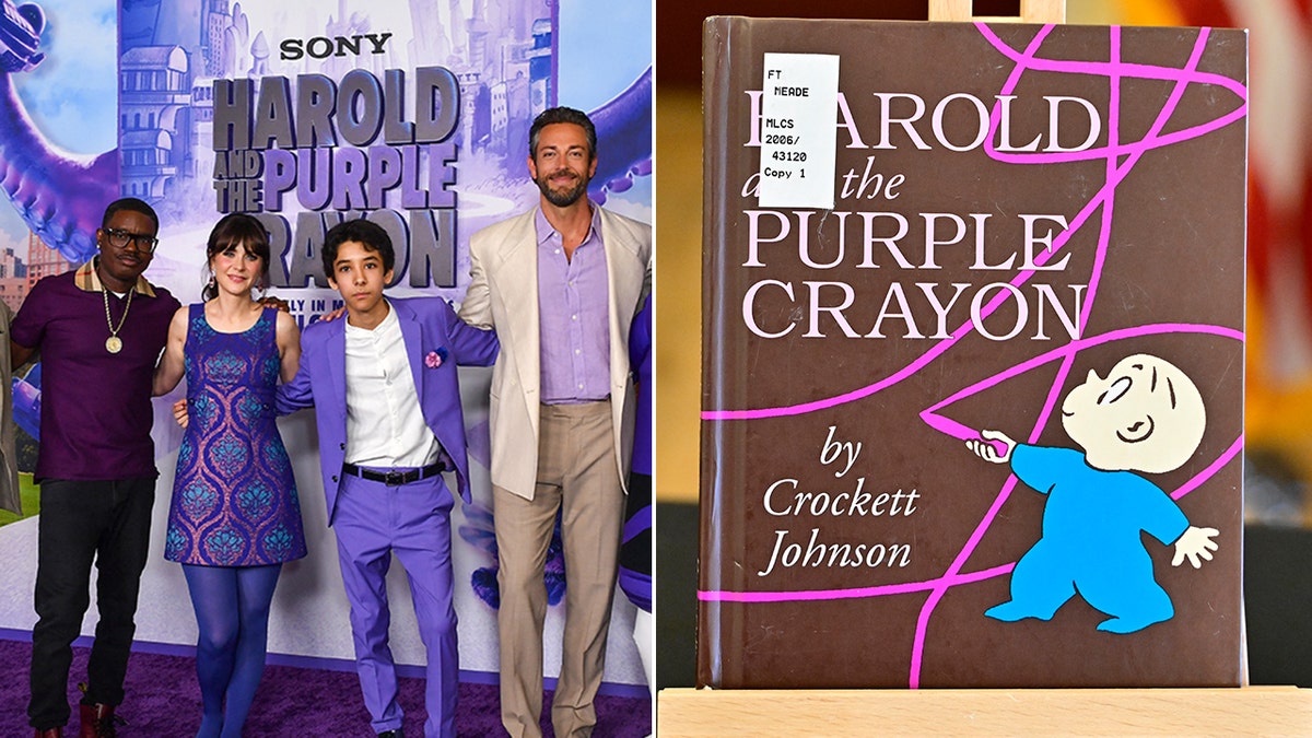 Film cast and book cover for "Harold and the Purple Crayon"