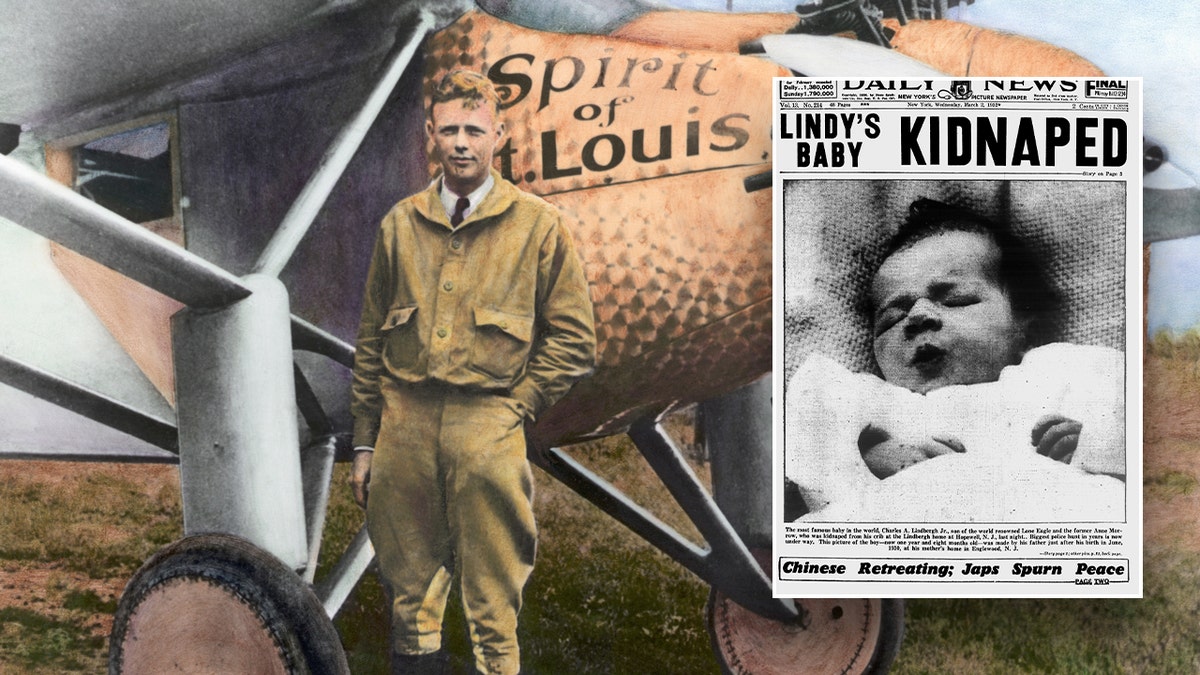 Newspaper front page from Lindbergh baby kidnapping, and photo of Charles Lindbergh in background 