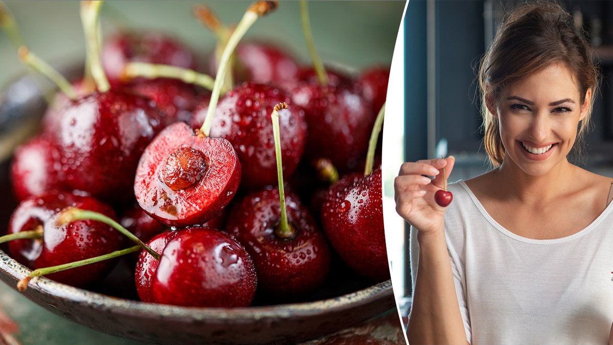 Cherry with pit exposed in a batch of cherries and a woman holding up a cherry