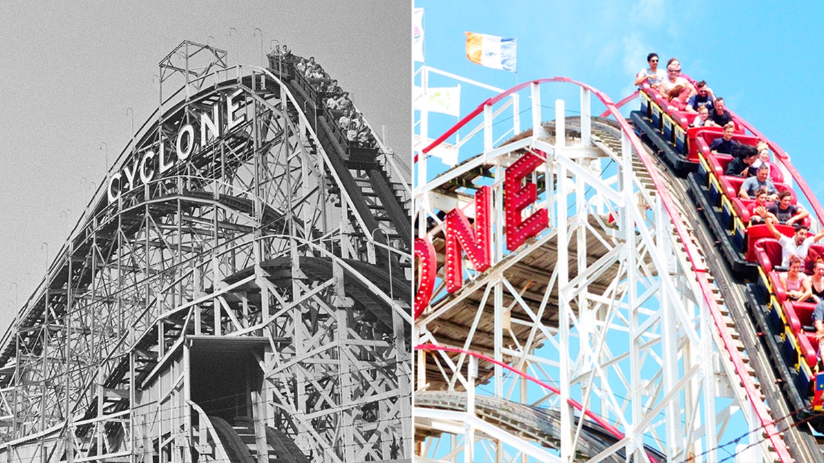 Podzielony obraz przedstawiający stare zdjęcie Coney Island Cyclone obok współczesnego zdjęcia tej samej atrakcji.