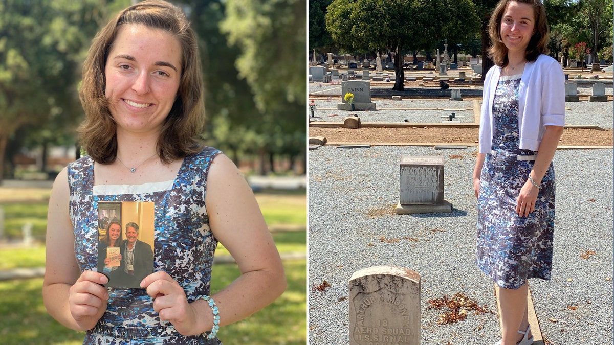 Woman posing with picture of mentor and by a grave site.