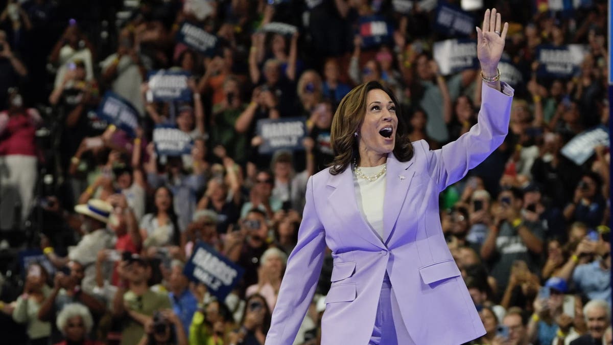 Kamala Harris waving to rally crowd from stage