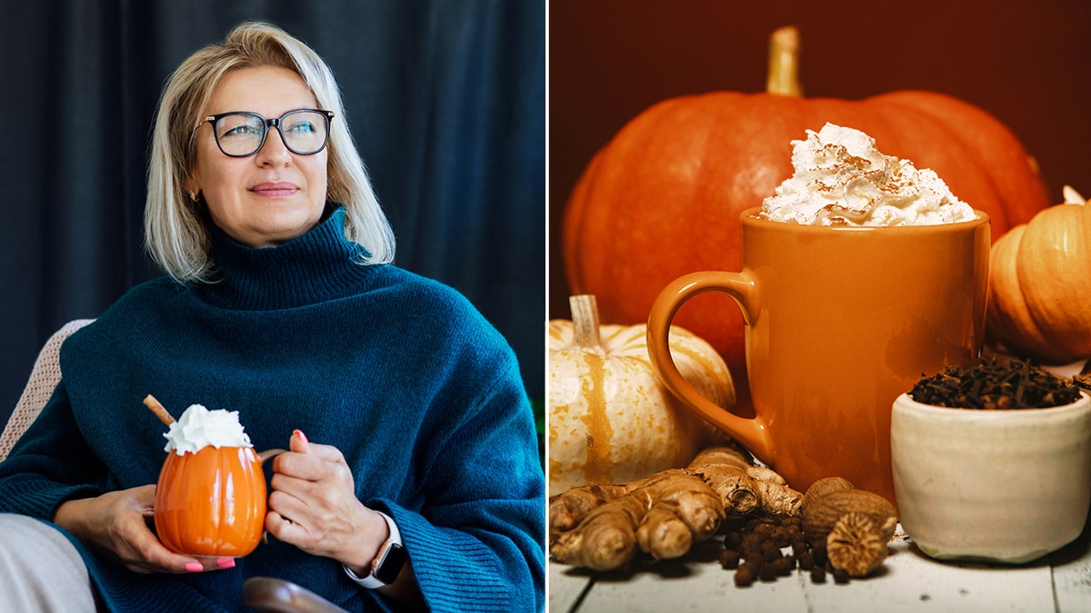 Una mujer disfruta de una taza de bebida con sabor a especias de calabaza. La especia de calabaza es un ingrediente habitual en los cafés durante la estación otoñal.