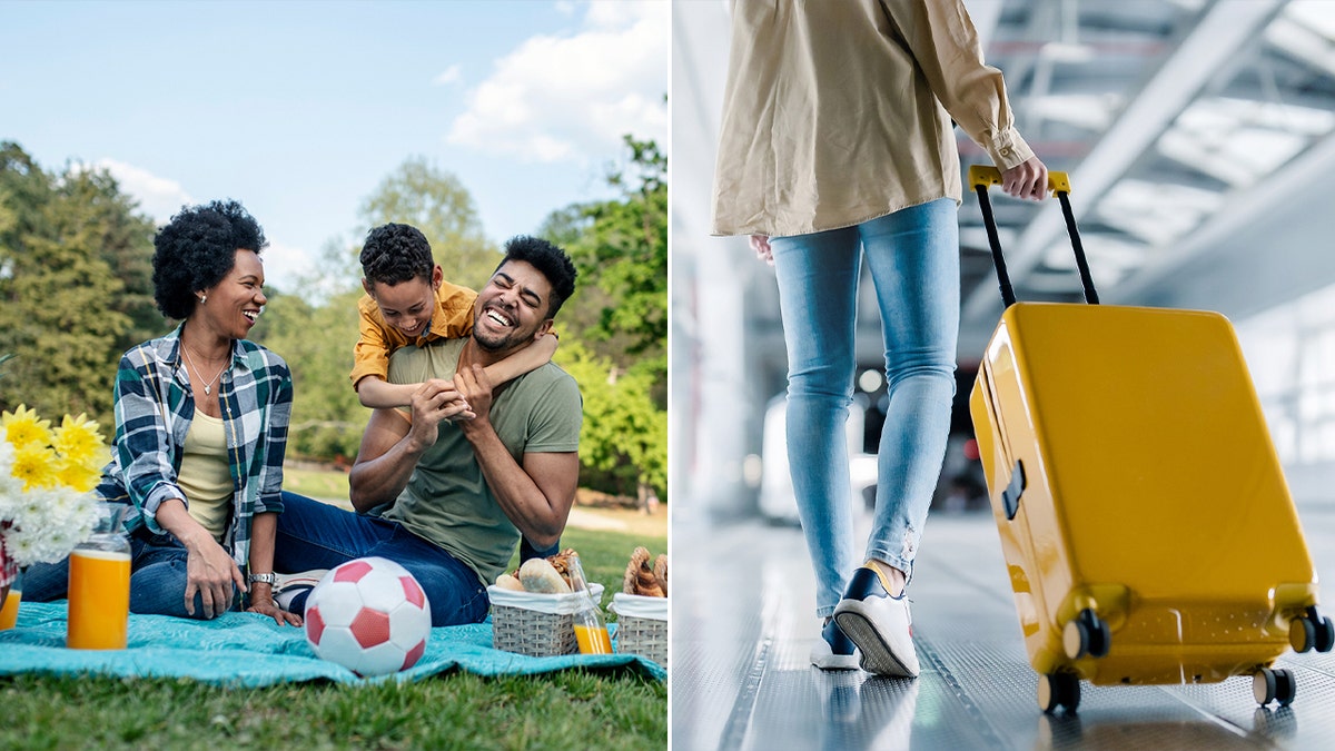 Family picnic picture next to picture of woman pulling a suitcase through the airport