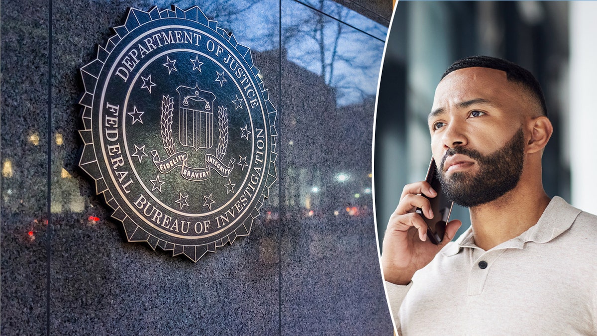 The FBI building on the left and a person making a phone call on the right