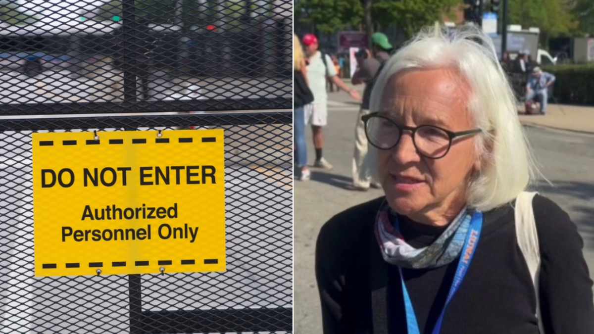 photo split of do not enter sign on security fencing, left; Democratic delegate at right