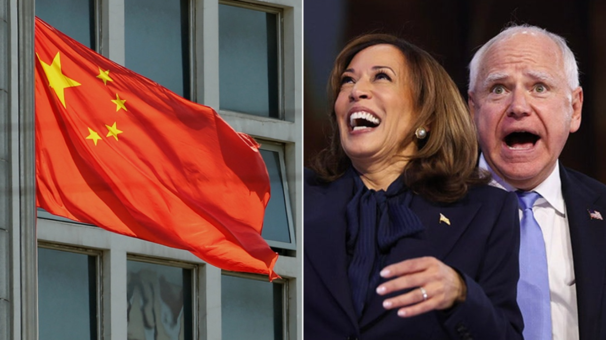 foto dividida: Bandera china, izquierda; Walz y Harris en el DNC, derecha