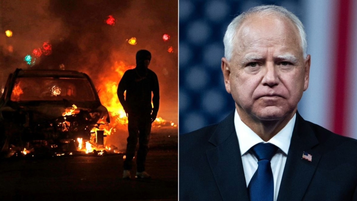 Minneapolis riot at left; Gov. Walz photo at right