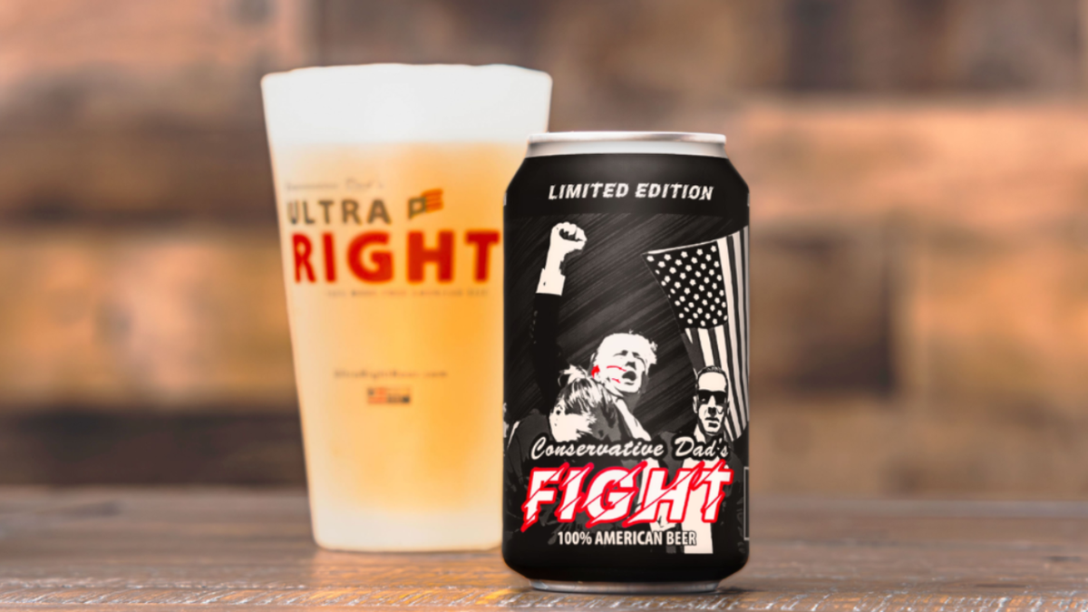 Ultra Right beer can with "FIGHT" and Trump pumping fist