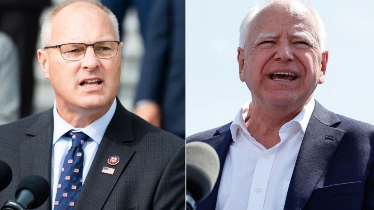 Rep. Pete Stauber, left; Gov. Tim Walz, D-Minn, at right