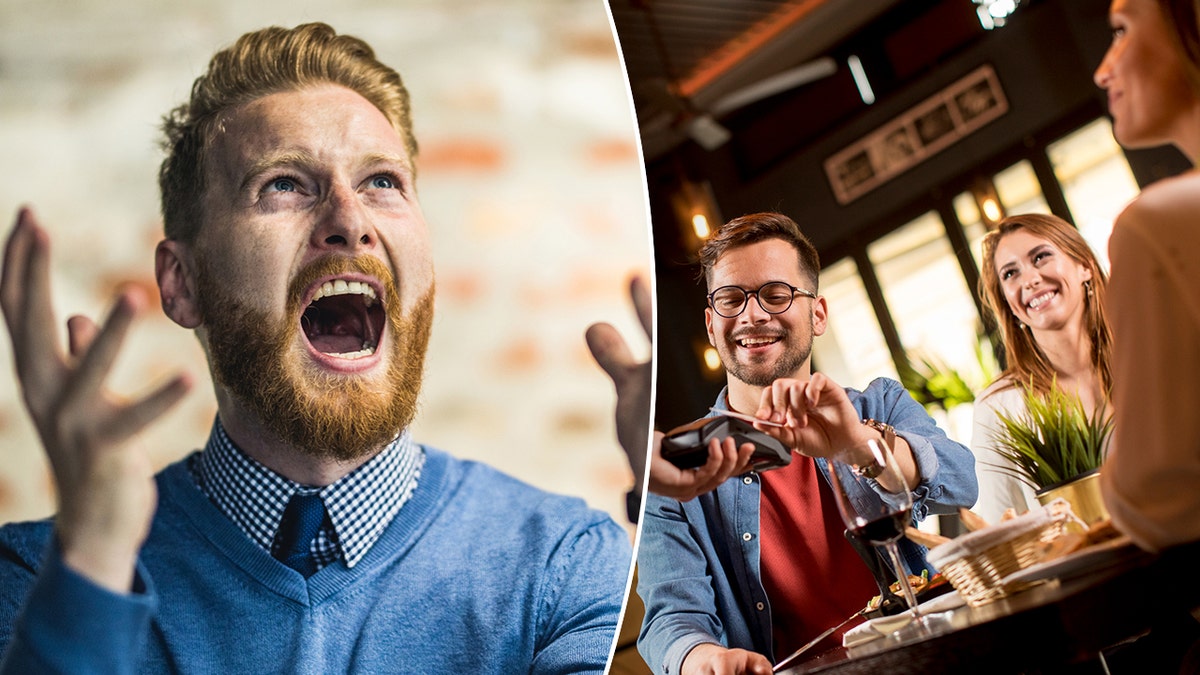 A man looks up and screams in frustration. Two women are pictured at a restaurant while a man sitting with them pays.