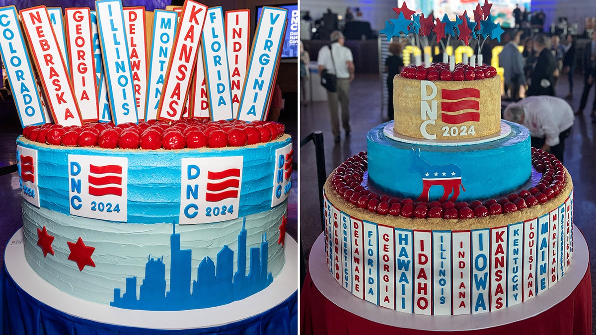 These giant 1,000-pound cheesecakes from Eli's Cheesecake were on display and later fed to guests at the Democratic National Convention media party (left) and welcome party for delegates (right).