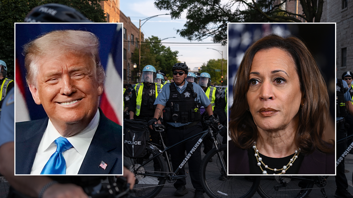 Trump, Harris on left, right; background shot: Chicago cops