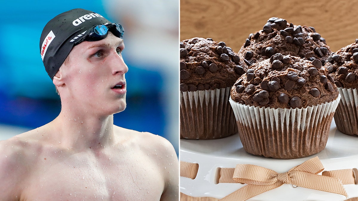 A split image of Henrik Christiansen and a chocolate muffin.