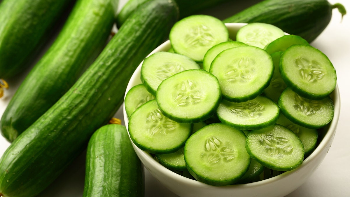 Sliced cucumber in a bowl.