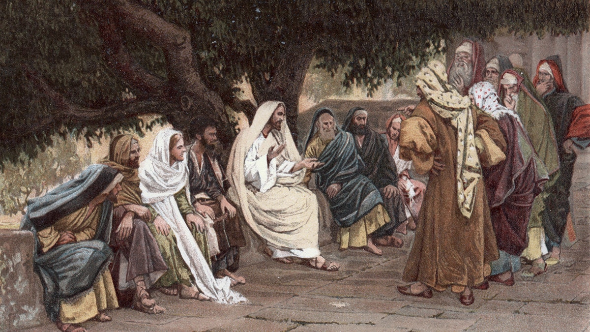 Grabado antiguo de Fariseos y saduceos vienen a tentar a Jesús, por James Tissot