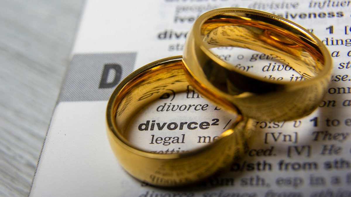 A set of wedding bands over the word divorce in the dictionary.