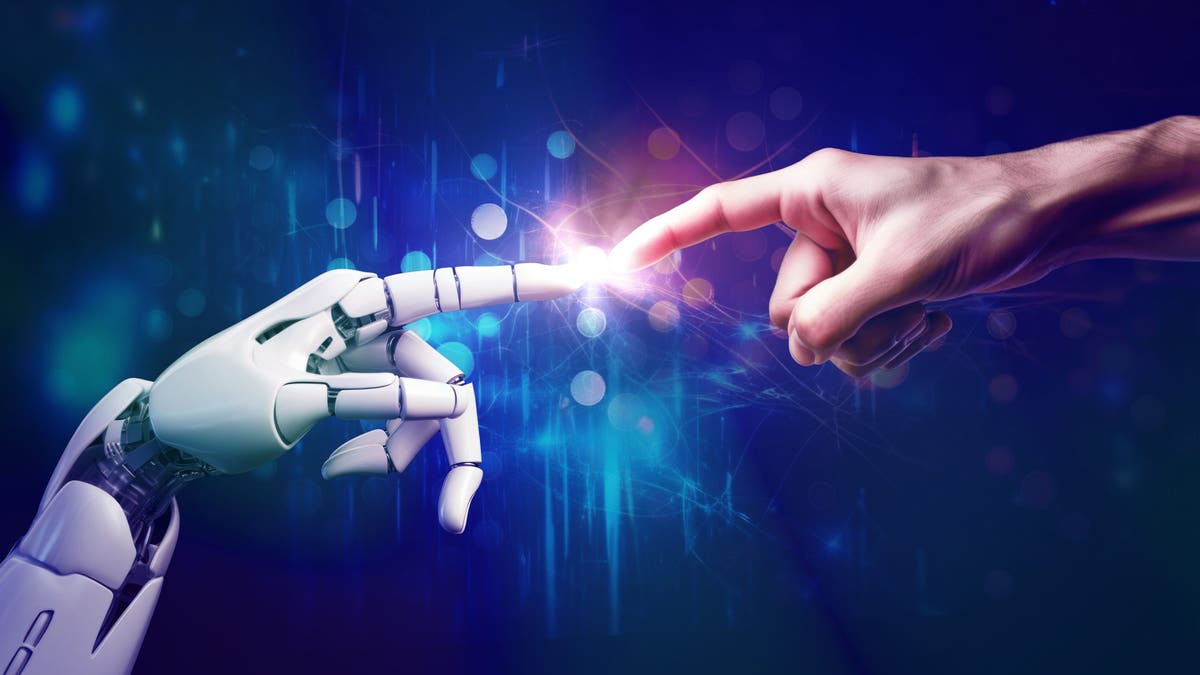 AI, artificial intelligence, robot and human hands touching and connecting, unity of human and AI concept, machine learning and future technology background