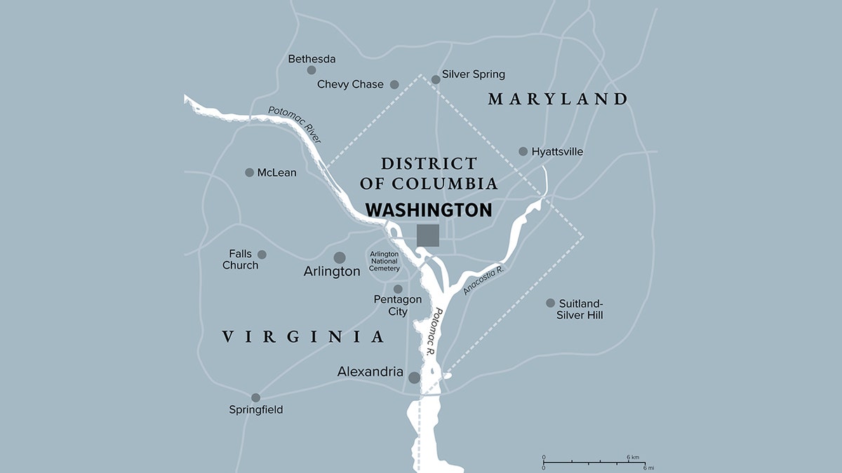 Washington, D.C., mapa político con las ciudades vecinas