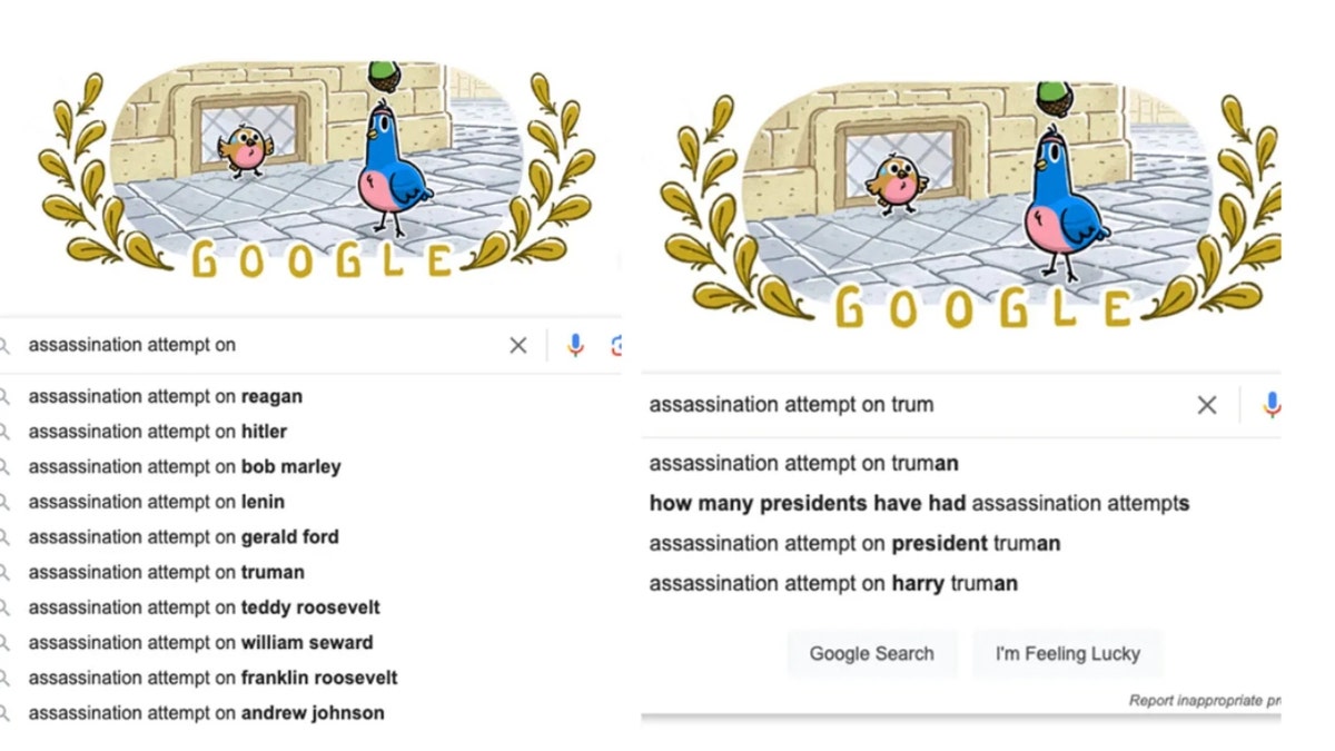 Screenshots show Google search results for the failed assassination of former President Trump.