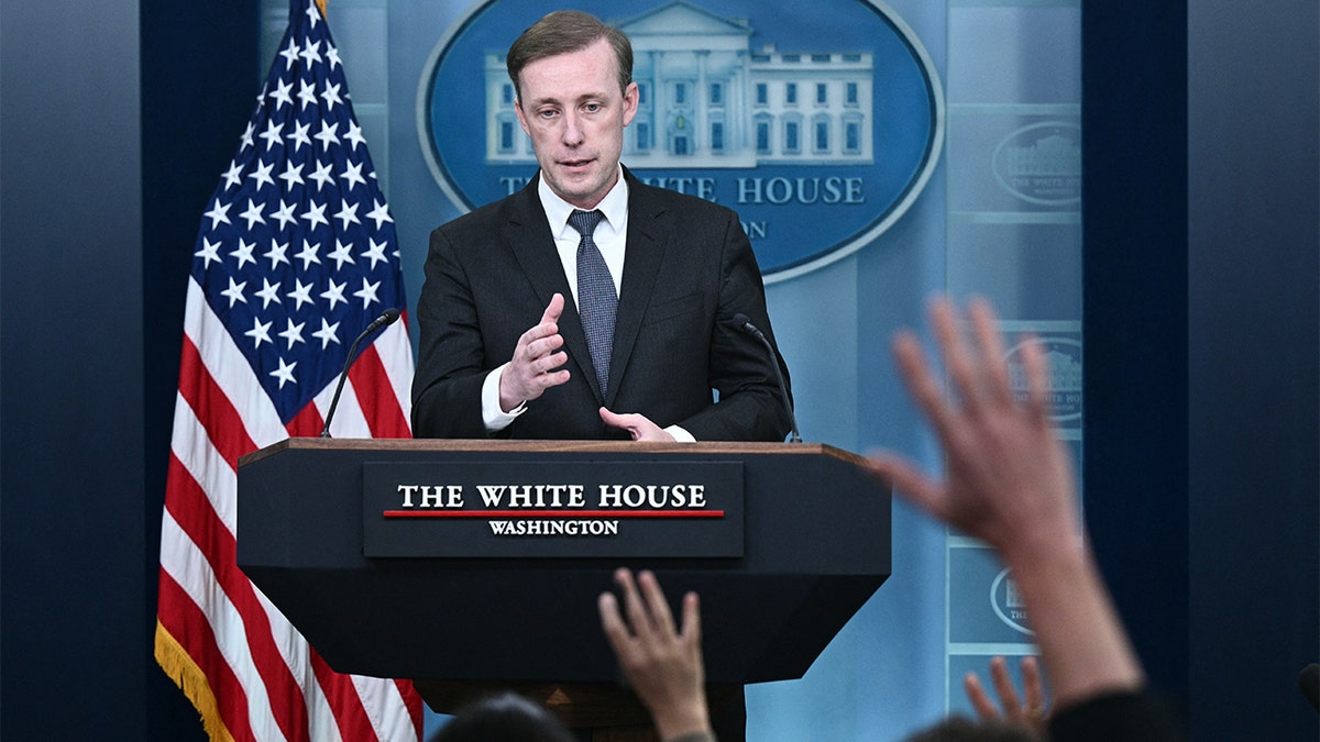 National Security Adviser Jake Sullivan addresses reporters from the White House podium