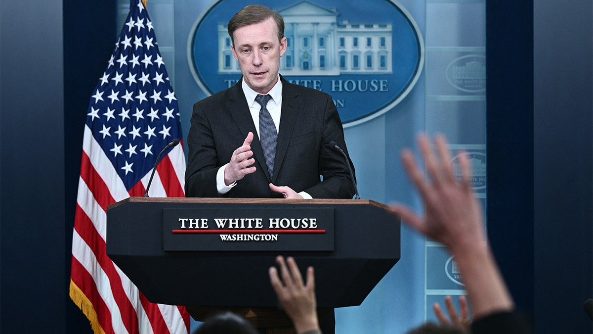 National Security Advisor Jake Sullivan speaks to reporters from the White House podium