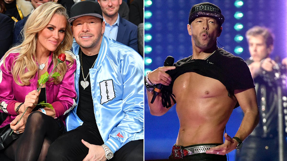 jenny mccarthy con donnie wahlberg/donnie subiéndose la camiseta para mostrar los abdominales durante un concierto